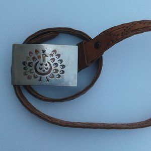 Inlaid tribal bird silver-ish belt brown leather size 36, MEXICO - UNISEX